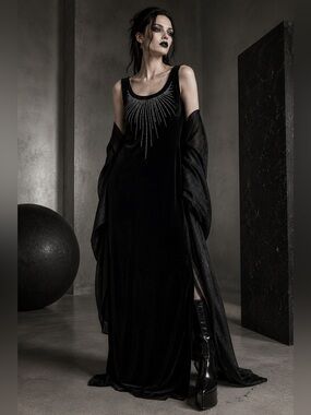 Vintage New Looks California Black Velvet Rhinestone Maxi Dress 22WP USA